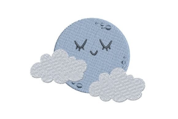 Cute Sleeping Moon or Planet with Clouds Embroidery Design